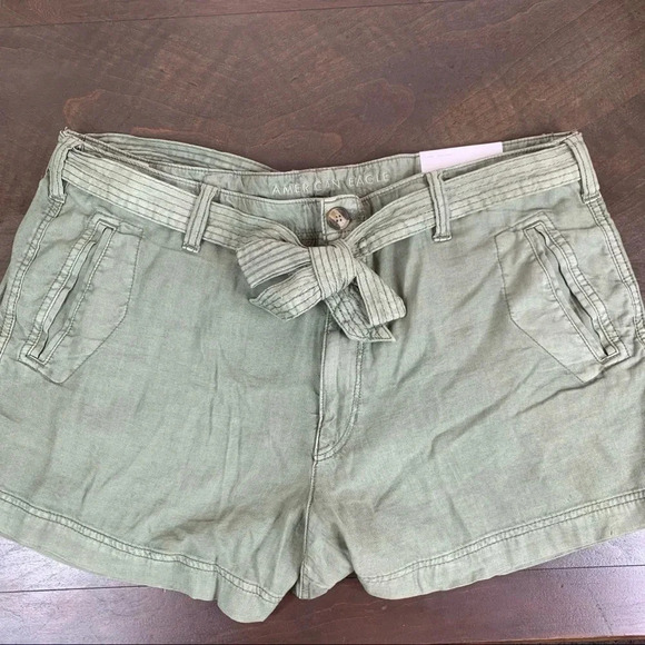 American Eagle Olive Green Linen Shorts High Rise High Waisted Plus SizeTie 20 - Picture 1 of 11
